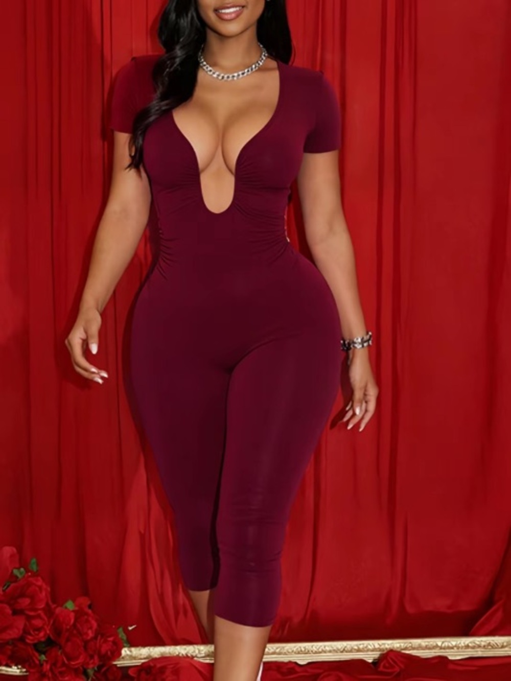 Plunging U Neck Burgundy Short Sleeve Jumpsuit